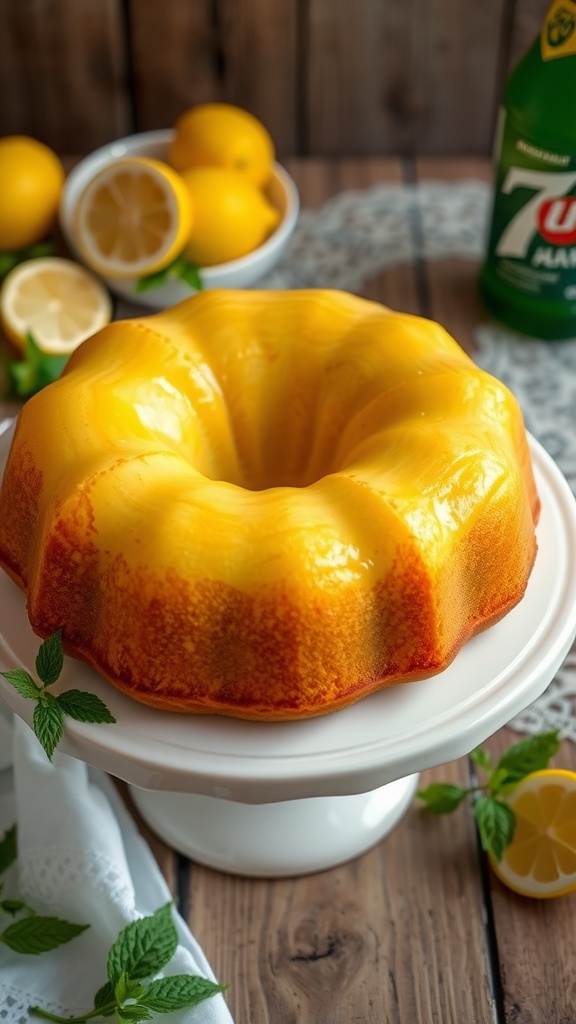 Moist 7 Up cream cheese pound cake on a stand with lemon slices and mint.